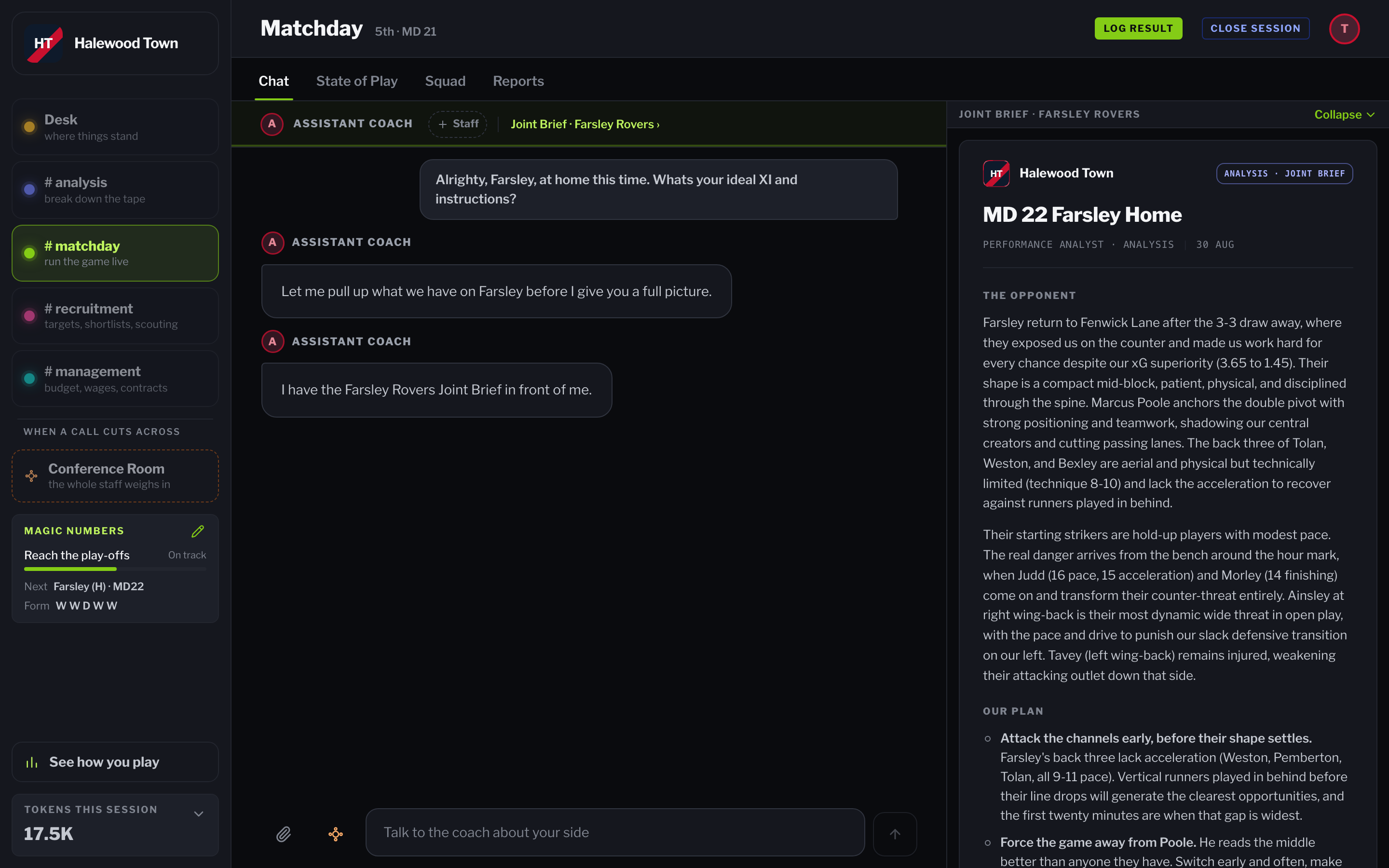 The Matchday channel before kickoff: the manager asks for an ideal XI, and the Joint Brief written earlier in Analysis is already open beside the conversation.
